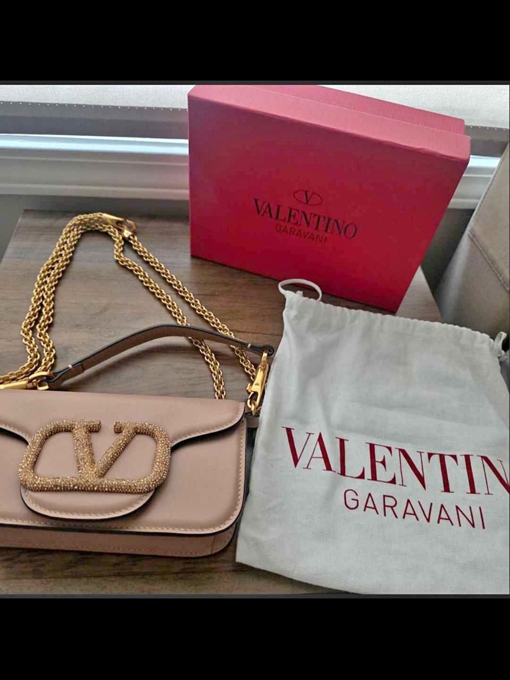 Valentino Garavani Nude Pink VLogo Chain Crossbody Bag with Gold Hardware